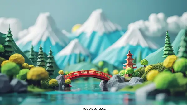 Miniature Traditional Japanese Garden with Red Bridge and Mountain Fuji