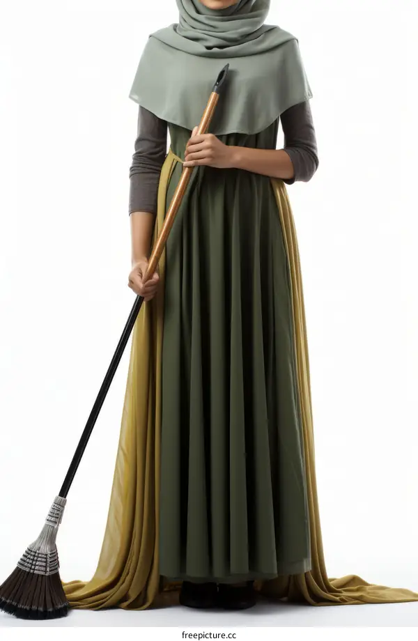 A woman wearing a hijab and a long green dress is holding a broom.