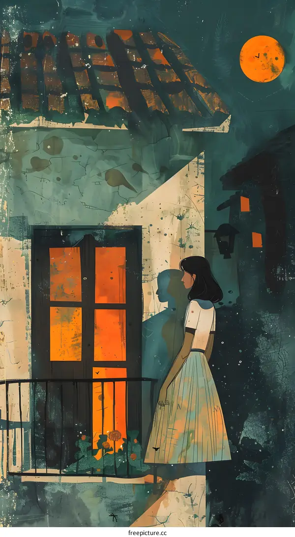 A Woman Standing on a Balcony With an Orange Moon in the Background