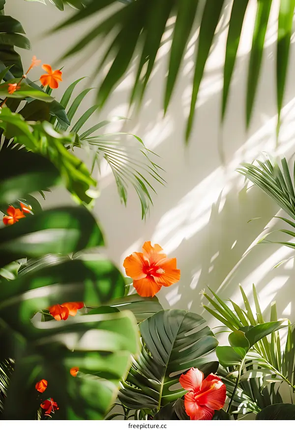 Tropical Leaves and Flowers Against a White Wall