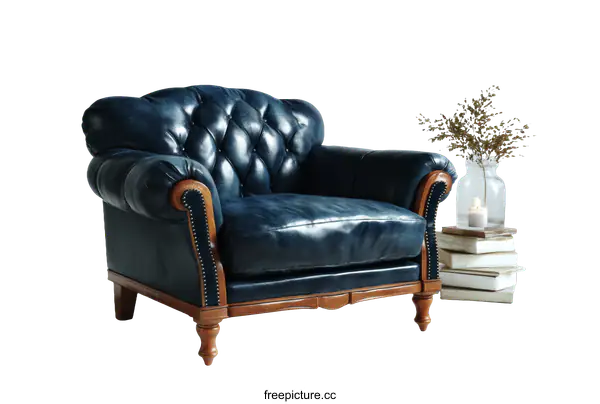 [Transparent Background PNG]Classic Navy Blue Leather Armchair with Wooden Legs