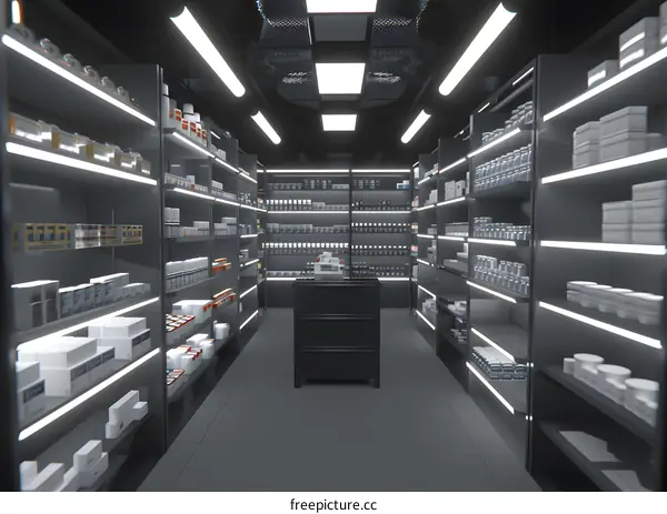 Modern Store Interior with Grey Shelves and Bright Lights