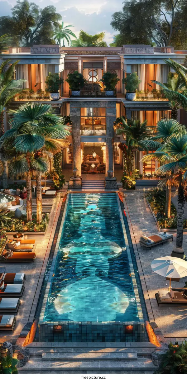 Luxurious Swimming Pool in a Tropical Paradise Surrounded by Palm Trees
