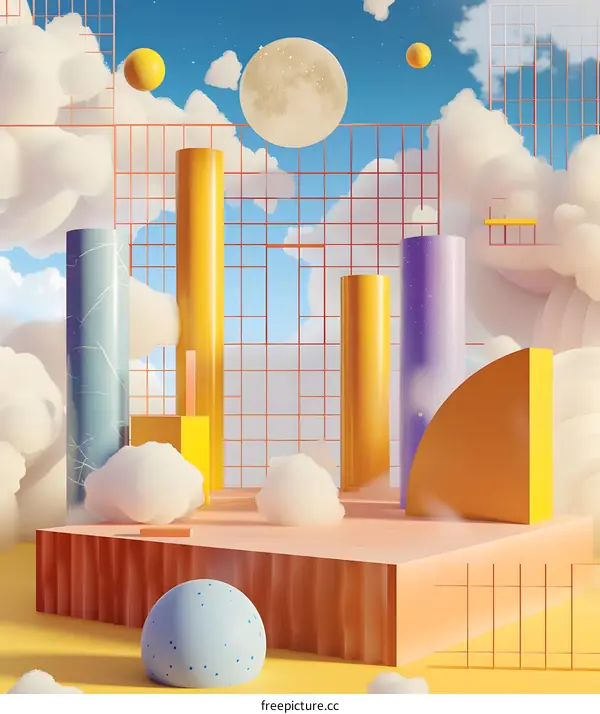 3D Abstract  Art with Geometric Shapes and Clouds