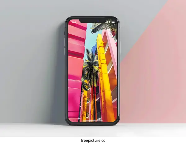 Smartphone Display Showing Palm Tree Buildings