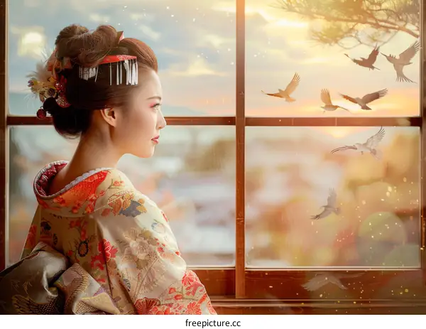 A Japanese woman wearing a kimono is looking out the window.