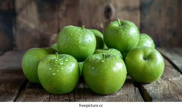 A pile of green apples on a wooden table
