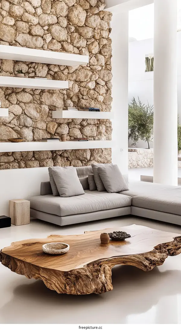 Modern Living Room with Unique Wooden Coffee Table