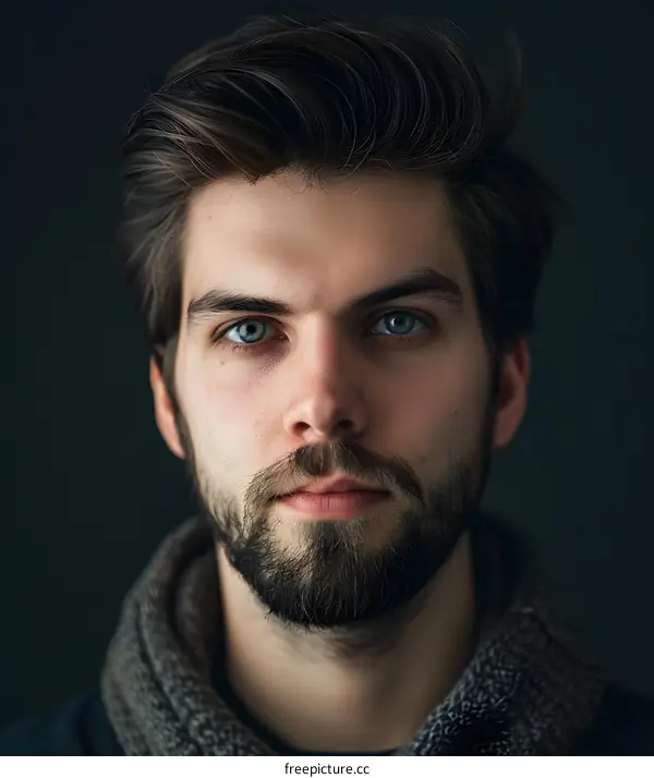 Portrait of a Handsome Man with Blue Eyes and a Beard