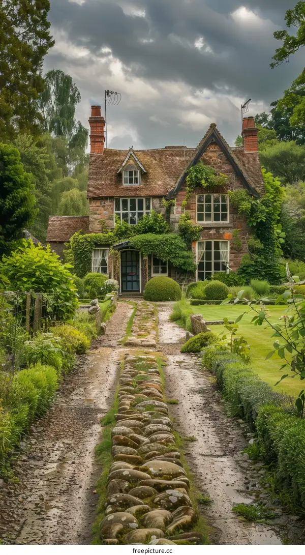 Stone Path Leading to a Charming English Cottage