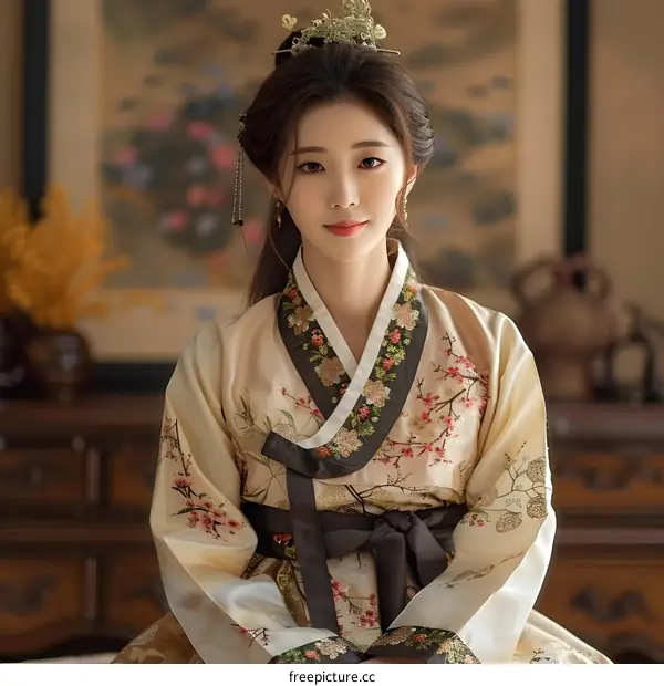Korean Woman in Traditional Hanbok Dress