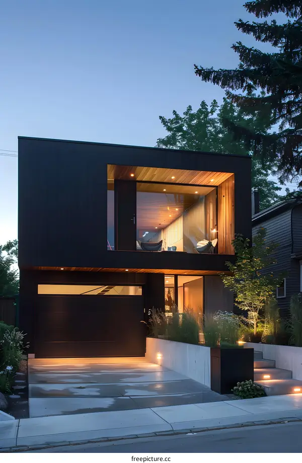 Modern Black Exterior Home with Garage and Landscaping