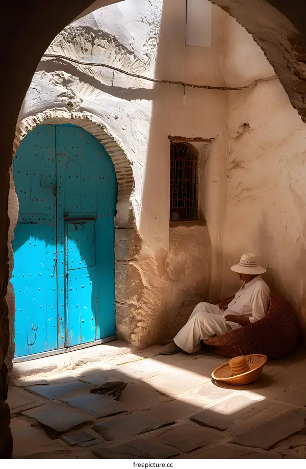Man Sitting In The Courtyard Of A Building With A Blue Door
