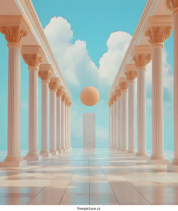 White Columns and a Marble Slab Under a Surreal Sky