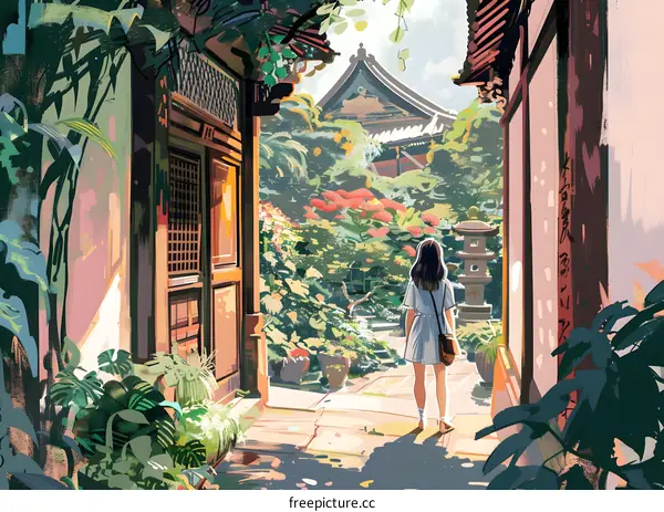 Woman in Blue Dress Standing in a Traditional Japanese Garden