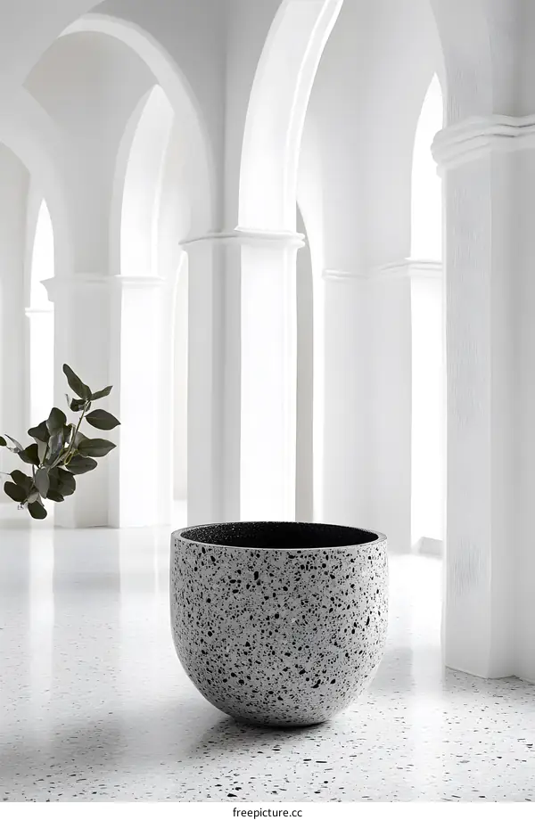 White Columns and Arches With a Speckled Stone Pot