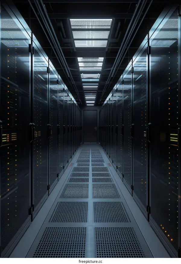 Dark Server Room Corridor With Black Cabinets