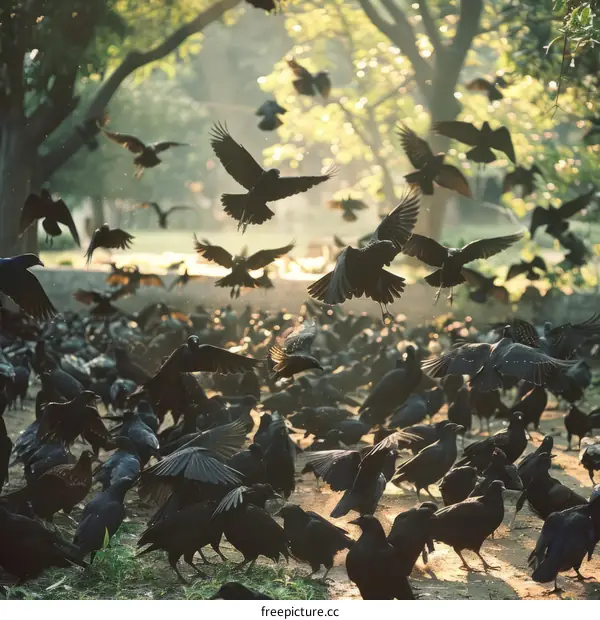 A large flock of crows gathers on the ground and in the trees