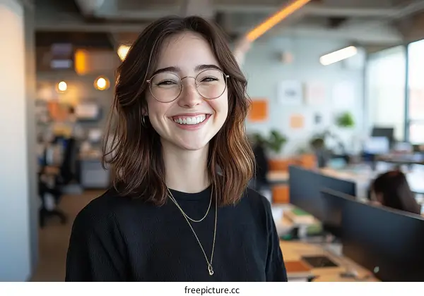 Smiling Young Woman in Modern Office