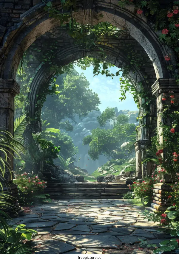 Overgrown Ancient Stone Archway in Jungle