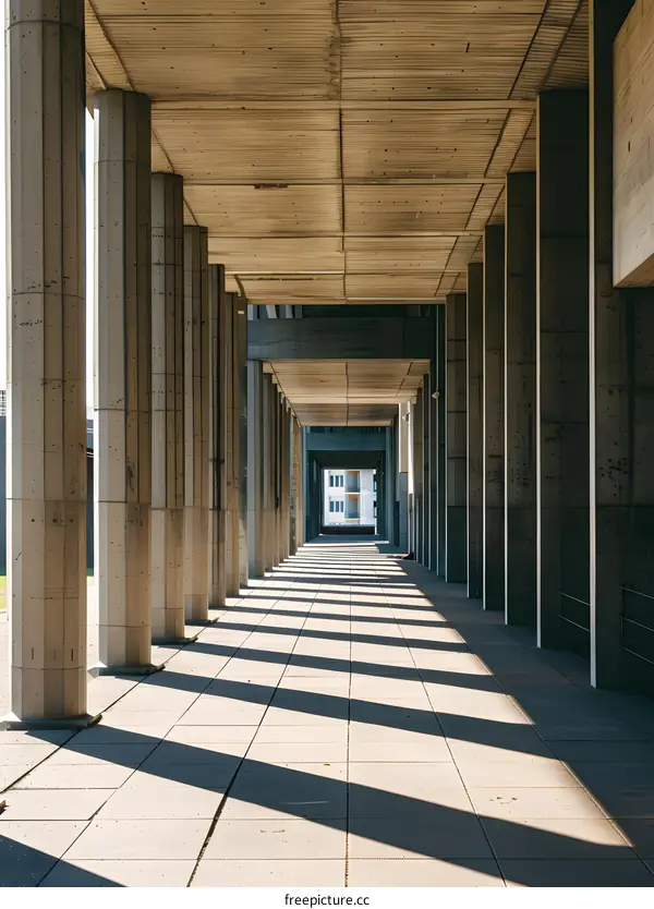 Concrete Columns Pathway with Sunlight and Shadows