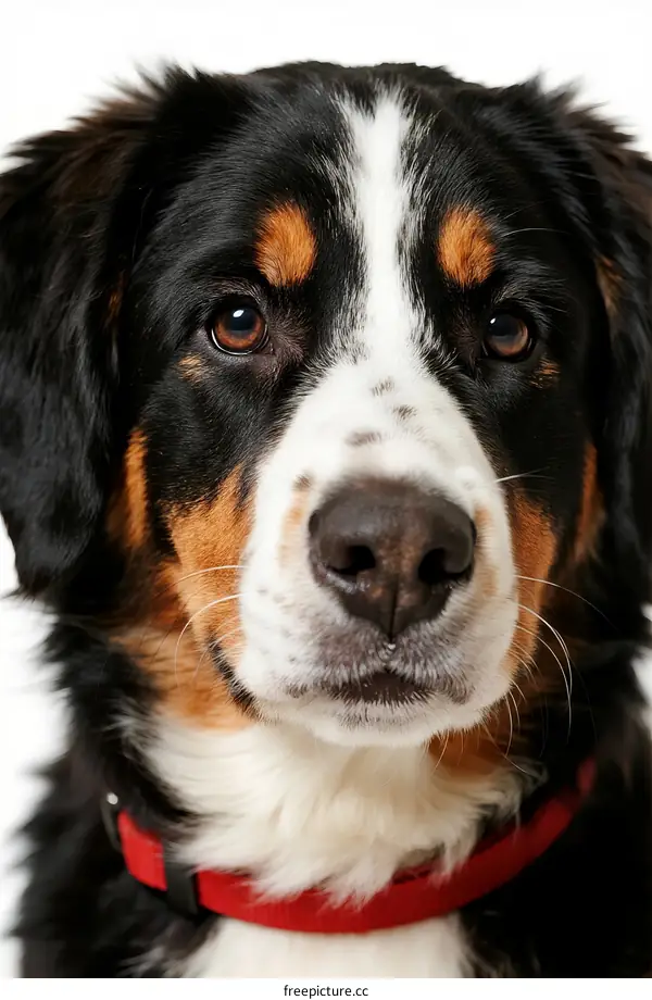 Close-up portrait of a Bernese Mountain Dog with a red collar