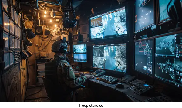 Soldier operating a drone control system in a military command center