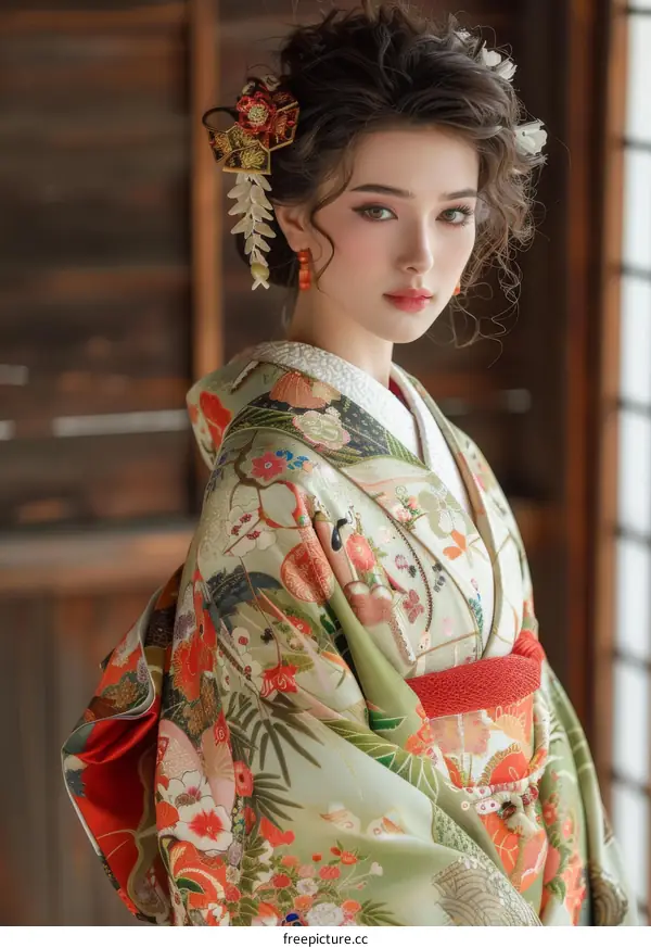 Beautiful Woman in Traditional Japanese Kimono
