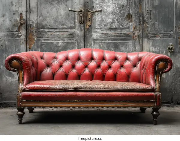 Vintage Red Leather Chesterfield Sofa Against Distressed Gray Walls