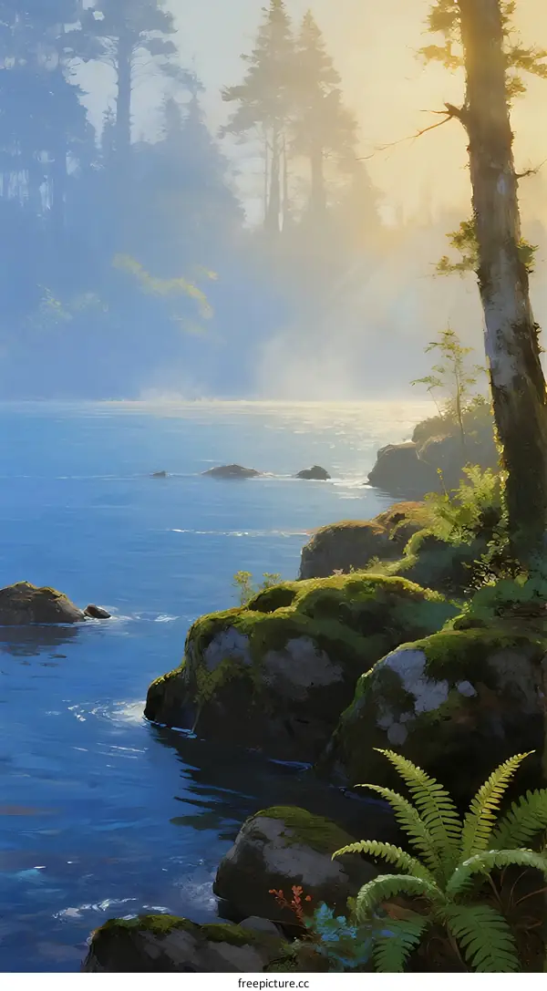 Sunlight filtering through mist over a serene river with mossy rocks