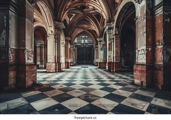 Empty Hallway with Checkerboard Floor and Archways