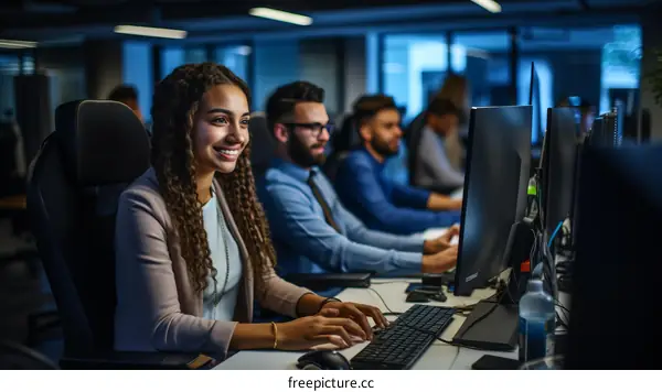 Smiling female software developer working late in the office