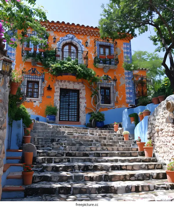 Colorful Stone Steps Leading to a Bright Orange House in Mexico