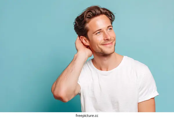 Smiling Caucasian Man Posing Against a Light Blue Background