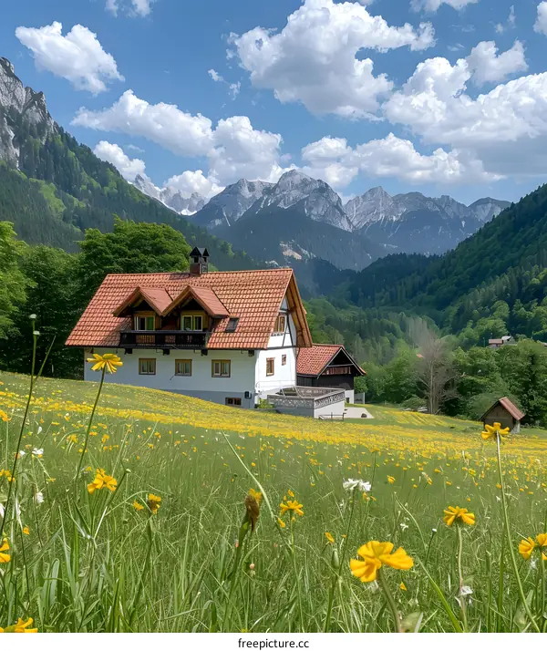 Alpine house in a lush green valley with yellow wildflowers and mountain range in the distance