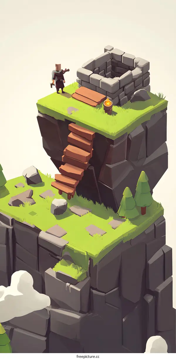 Pixel Art Illustration Of A Small Stone Platform With A Castle And A Man