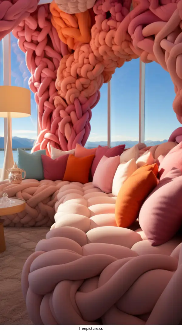 Cozy Pink and Orange Living Room with Yarn Sofa