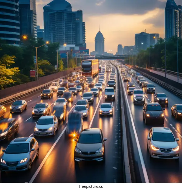 Rush hour traffic jam on a busy highway in a big city