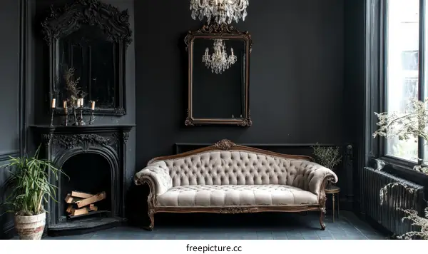 Dark Antique Interior Living Room with Fireplace