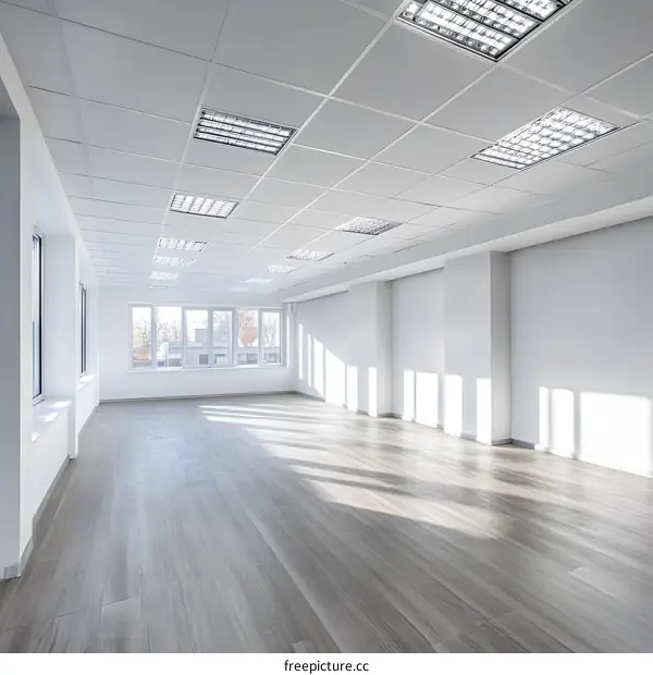 Empty White Office Interior with Windows and Wooden Floor