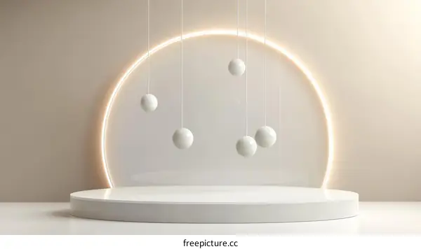 Minimalist White Product Showcase with Hanging Spheres