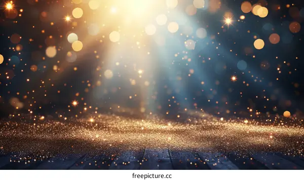 Golden sparkles on a wooden background with a spotlight