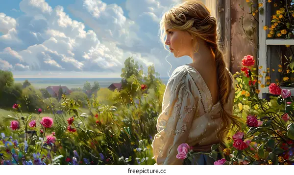 A blonde girl is standing in a field of flowers, looking out at the distance