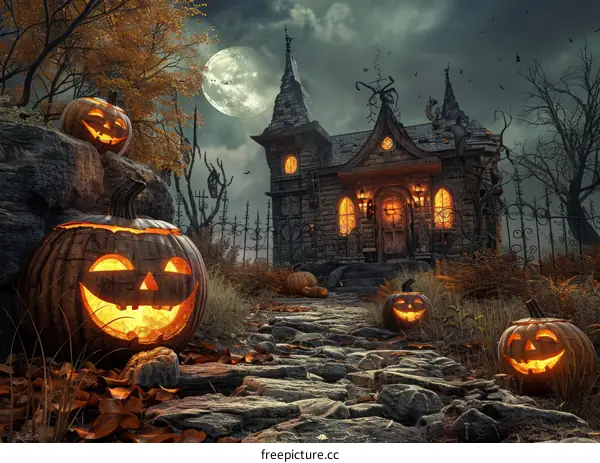 Spooky Haunted House with Pumpkins and Full Moon