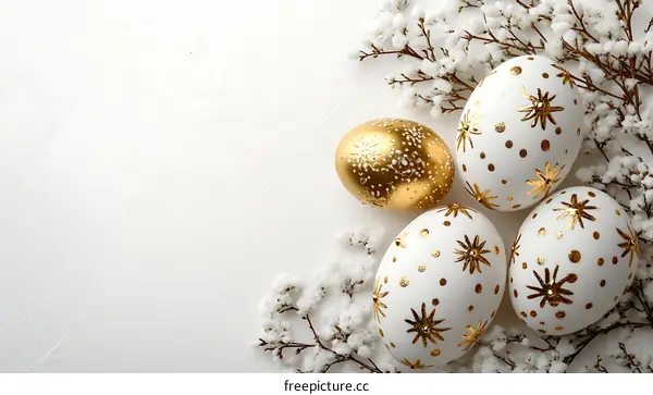 Easter Eggs Decorated with Gold Design on White Background