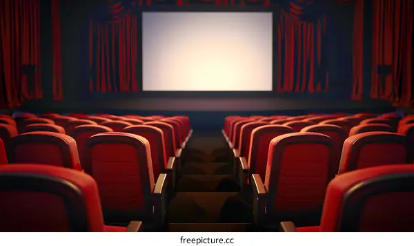 Empty Movie Theater Seats and Blank Screen