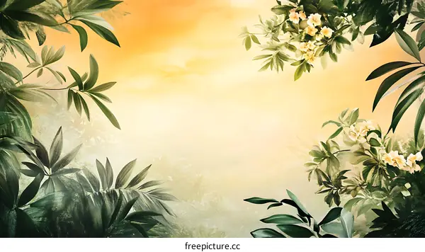 Tropical Leaves and Flowers with a Golden Background