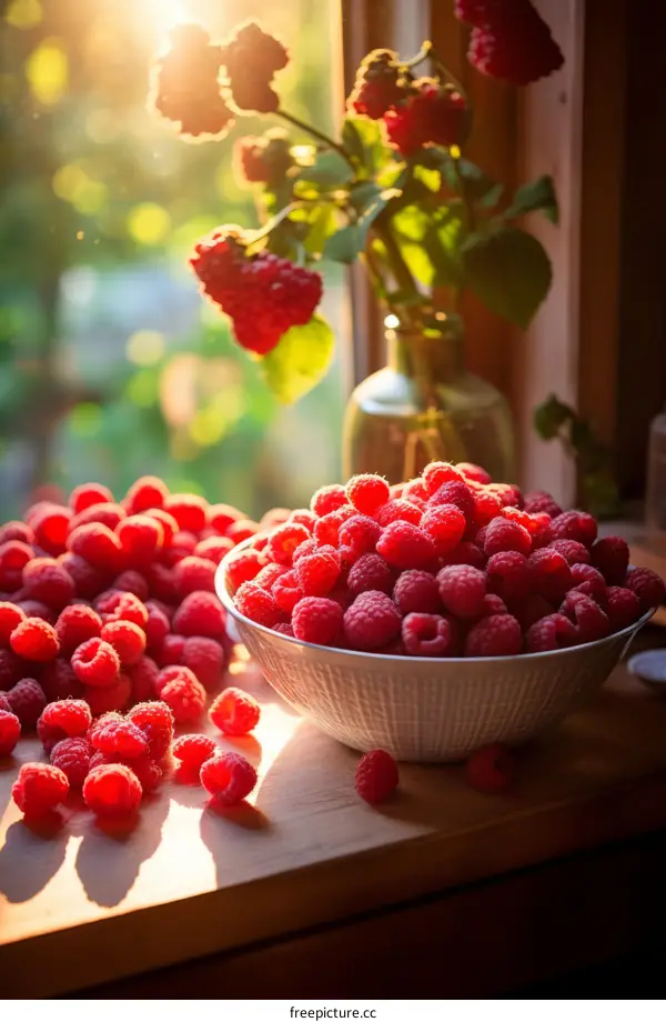 Raspberries in a bowl on a wooden table