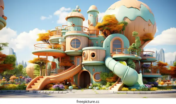 A Whimsical Cartoon House with a Colorful Playground