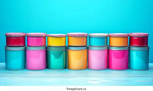 Colorful Paint Cans Arranged on a Light Blue Background